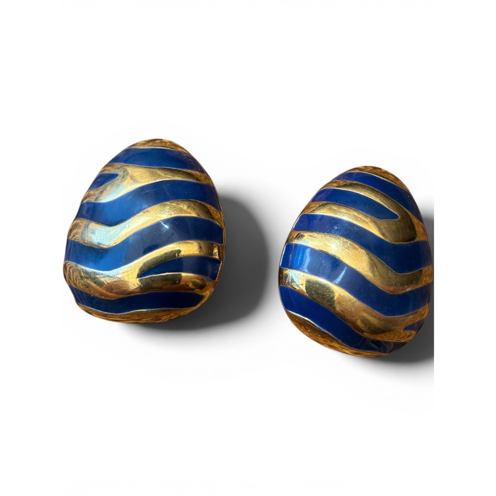 Ciner Vintage Zebra Clip On Earrings Gold Blue Enamel Designer 1 Inch